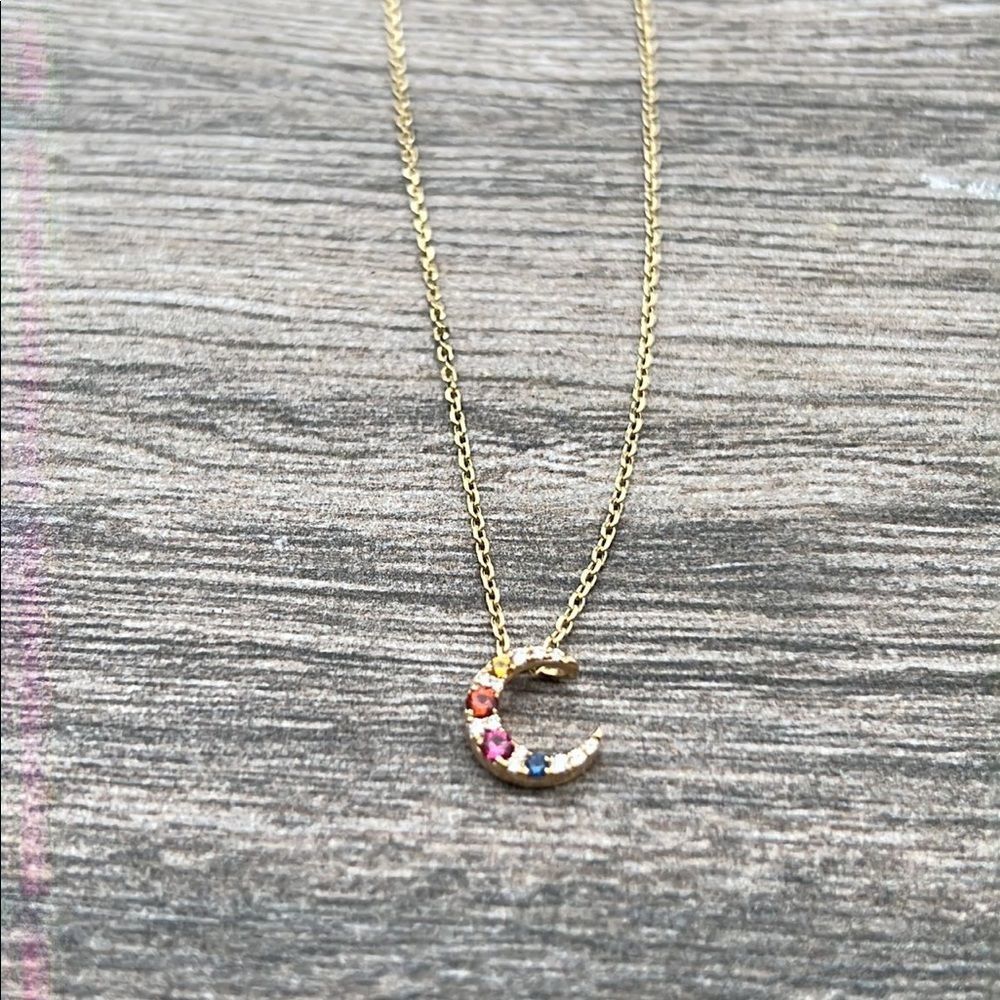 14K Yellow Gold Mini Diamond and Sapphire Crescent Moon Necklace - Picture 5 of 7
